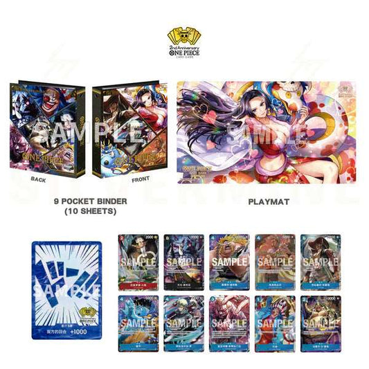 One Piece Card Game 2nd Anniversary Set - Chinese Version, featuring a playmat, 9-pocket binder, and exclusive collectible cards. Available at Cardomat.
