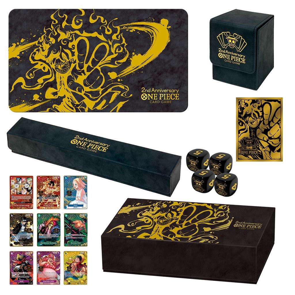 One Piece Card Game 2nd Anniversary Set with playmat, dice, deck box, sleeves, and premium cards. Available at Cardomat.